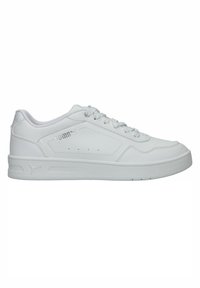 Adidași sport albi cu superior din piele, închidere cu șireturi, vârf rotund și accente texturate. Dispune de logo pe lateral și talpă din cauciuc.
