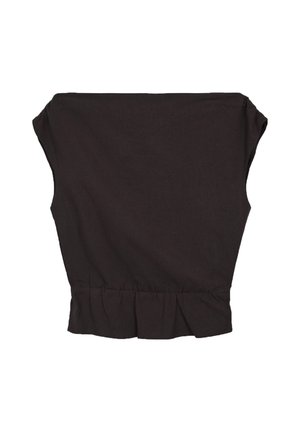 Haut noir sans manches, cropped, avec encolure bateau et détail de bas élastique froncé sur fond blanc.