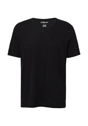 Black short-sleeve V-neck T-shirt made of soft material, featuring a subtle texture and a small logo tag on the hem.