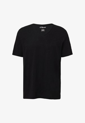 Black short-sleeve V-neck T-shirt made of soft material, featuring a subtle texture and a small logo tag on the hem.