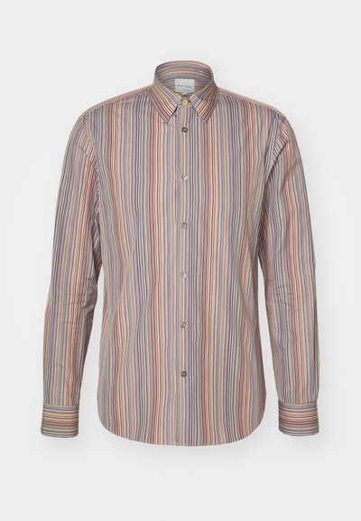 Striped button-up shirt featuring vertical lines in various colors. Long sleeves, a classic collar, and a smooth fabric texture.