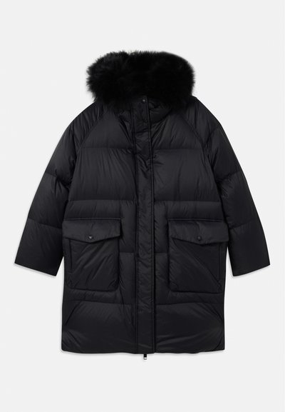Black puffer jacket with a fur-lined hood, featuring a zip closure, two flap pockets, and a quilted design for insulation.