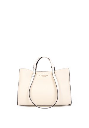 Borsa in pelle color crema con doppi manici e tracolla removibile, caratterizzata da una forma rettangolare strutturata e logo del marchio in oro.