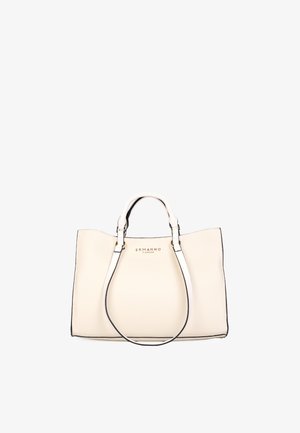 Borsa in pelle color crema con doppi manici e tracolla removibile, caratterizzata da una forma rettangolare strutturata e logo del marchio in oro.