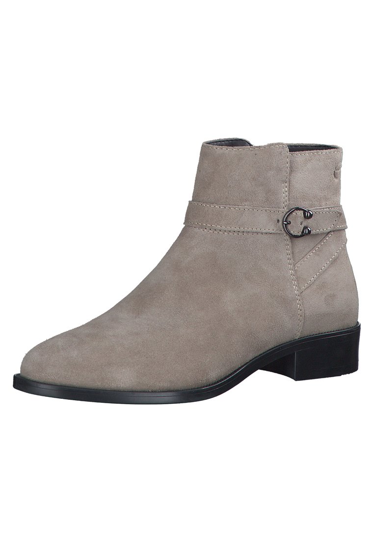 Graue Wildleder-Ankle-Boots mit runder Spitze, einem seitlichen Riemen mit einer Schnallenakzentuierung und einem niedrigen, flachen schwarzen Absatz. Glatte Textur über die gesamte Oberfläche.