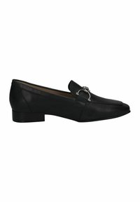 Melni ādas loafers ar noapaļu purngalu, sudraba aksesuāriem un zemu blokveida papēdi. Gluda tekstūra un klasisks dizains.