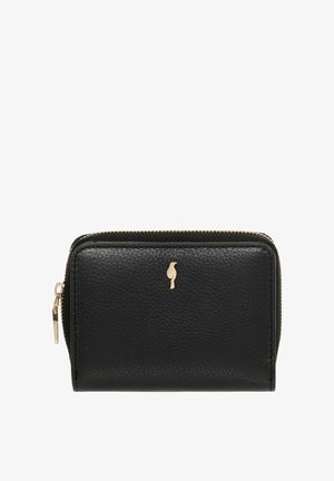 Czarny skórzany portfel o prostokątnym kształcie, z zamkiem błyskawicznym, teksturowaną powierzchnią, złotymi elementami dekoracyjnymi i logo z przodu.