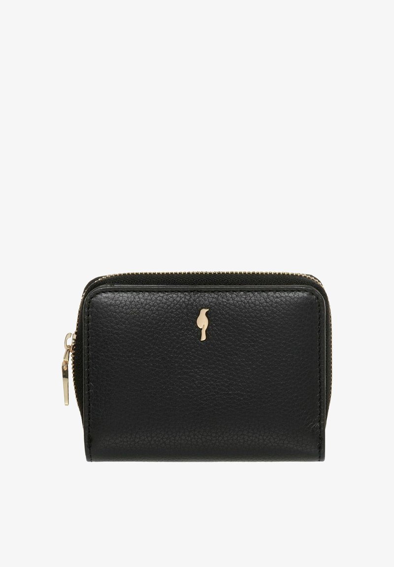 Czarny skórzany portfel o prostokątnym kształcie, z zamkiem błyskawicznym, teksturowaną powierzchnią, złotymi elementami dekoracyjnymi i logo z przodu.