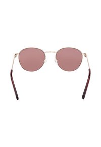 Okrągłe okulary przeciwsłoneczne z różowymi, przyciemnianymi soczewkami, cienką złotą metalową oprawą i burgundowymi zausznikami z acetatu. Posiadają regulowane noski.