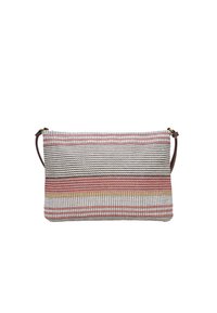 Borsa a pochette in tessuto intrecciato a righe multicolori, con una tracolla marrone e una finitura morbida e testurizzata. Forma rettangolare.