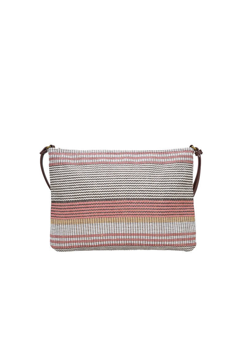 Borsa a pochette in tessuto intrecciato a righe multicolori, con una tracolla marrone e una finitura morbida e testurizzata. Forma rettangolare.