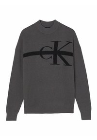 Grauer gerippter Rundhalsausschnitt-Pullover mit langen Ärmeln und großem schwarzen "CK"-Logo auf der Brust.