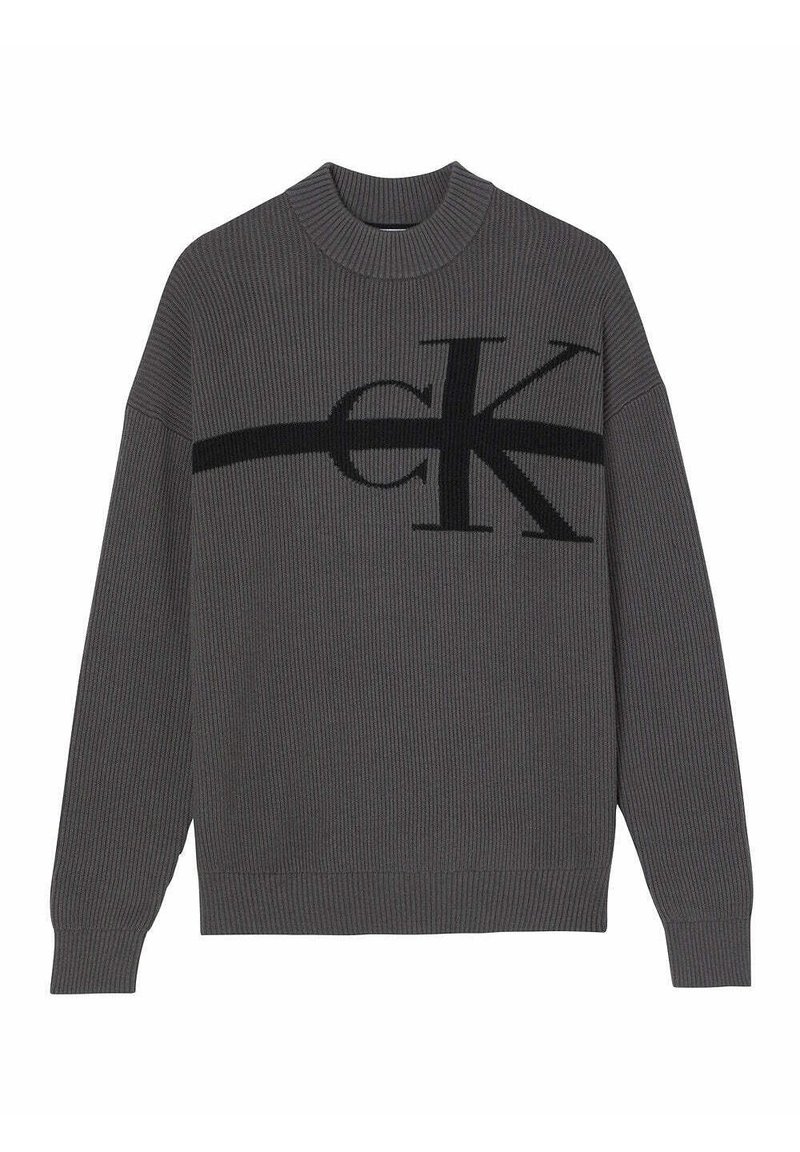 Grauer gerippter Rundhalsausschnitt-Pullover mit langen Ärmeln und großem schwarzen "CK"-Logo auf der Brust.