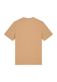 Beige Baumwoll-T-Shirt mit kurzen Ärmeln und Rundhalsausschnitt. Glatte Textur und schlichtes Design, ohne Grafiken oder Verzierungen.