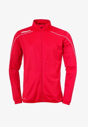 Rode sportieve jas gemaakt van glad, lichtgewicht stof, met een hoge kraag, ritssluiting en witte accentstrepen langs de schouders.