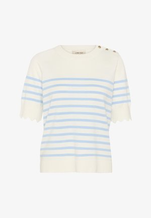 White short-sleeve sweater with light blue horizontal stripes, featuring scalloped sleeves and three decorative gold buttons on the shoulder.