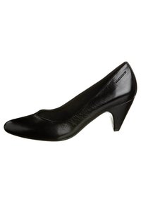 Black leather high-heeled shoe with a pointed toe, a smooth texture, and a medium conical heel. Subtle branding on the side.