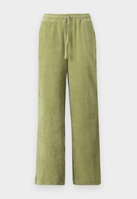 Groene corduroybroek met een wijde pijpdesign, elastische tailleband en aansnoerdetail. Verticale ribbels in de stof creëren textuur.