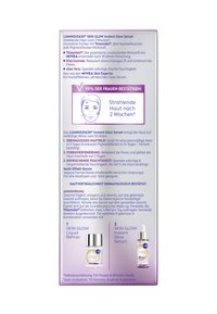 NIVEA Luminous630 Instant Glow Serum packaging; features a lavender background, clear text, and images of serum bottles with silver caps and labels.