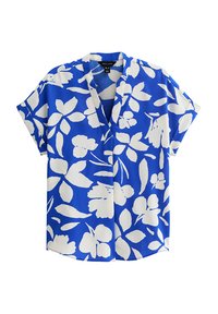 Maglietta a maniche corte in tessuto blu brillante con motivi floreali bianchi, dal taglio morbido e design a V.
