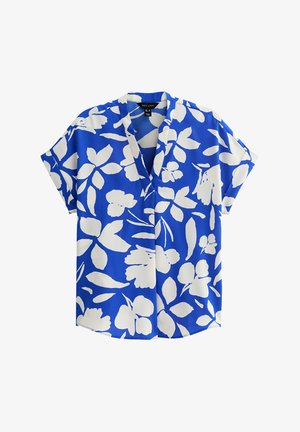 Maglietta a maniche corte in tessuto blu brillante con motivi floreali bianchi, dal taglio morbido e design a V.