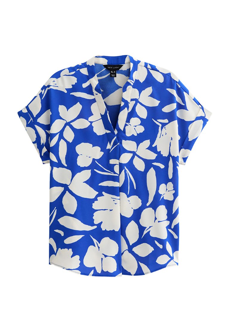 Chemise boutonnée à imprimé floral pour femme - Manches enroulables - Col en V - Chemisiers de travail décontractés pour femme - Chemises d'été, bleu, XXL