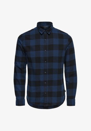 Langärmliges Hemd im dunkelblauen und schwarzen Karomuster, aus Baumwolle gefertigt, mit Button-Down-Kragen und abgerundetem Saum in modernem Schnitt.