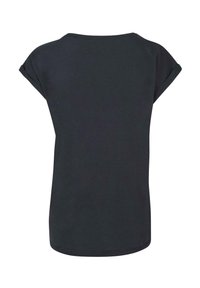 Sort kortærmet t-shirt med en afslappet pasform, rund halslinje og optrukne ærmer. Glat stof med en buet søm bagpå.
