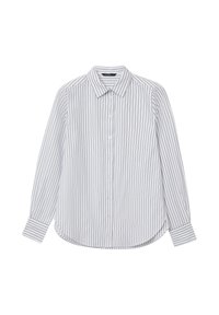 Camicia bianca a maniche lunghe con bottoni, caratterizzata da sottili righe verticali nere e colletto a punta, esposta piatta su uno sfondo bianco.