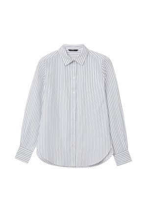 Camicia bianca a maniche lunghe con bottoni, caratterizzata da sottili righe verticali nere e colletto a punta, esposta piatta su uno sfondo bianco.