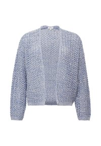 Hellblauer Strickcardigan mit offener Vorderseite, der eine lockere Maschenstruktur und Rippbündchen aufweist, entworfen für eine entspannte Passform.