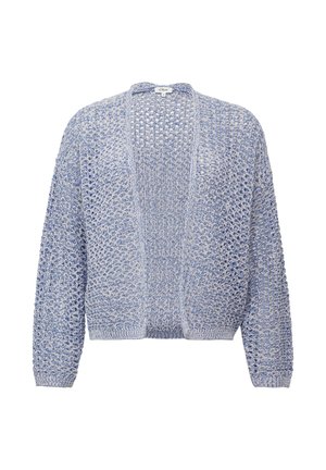 Lichtblauwe gebreide cardigan met een open voorkant, gekenmerkt door een losse stof en geribbelde manchetten, ontworpen voor een relaxte pasvorm.