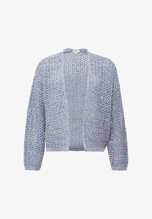 Lichtblauwe gebreide cardigan met een open voorkant, gekenmerkt door een losse stof en geribbelde manchetten, ontworpen voor een relaxte pasvorm.