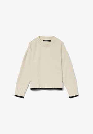 Crèmegekleurde gebreide trui met ronde halslijn, geribde manchetten en rechte zoom met een contrasterende zwarte rand aan de onderkant.
