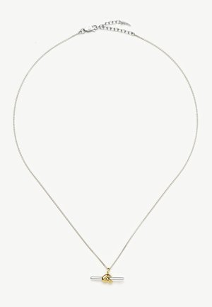 Λεπτή αλυσίδα από ασήμι με οριζόντιο ασημένιο μπάρ pendant με μικρή χρυσή λεπτομέρεια φύλλου στο κέντρο.
