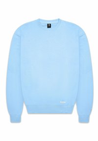 Lichtblauwe crewneck sweatshirt gemaakt van zachte stof. Voorzien van ribgebreide manchetten en zoom, met een klein label aan de linkeronderzijde.