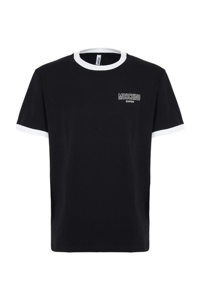 T-shirt in cotone nero con colletto e orli delle maniche a costine bianchi. Presenta un piccolo logo bianco "Moschino" sul petto.