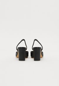 Black slingback heels with a rounded toe, curved strap design, and chunky square heels. Smooth texture with a matte finish.
