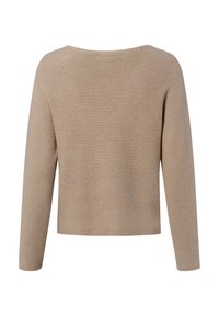 Beiger Strickpullover mit rundem Ausschnitt, langen Ärmeln und lockerem Schnitt mit dezenter gerippter Textur im Stoff.