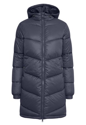 Navy blue puffer coat with a hood, featuring a front zipper, chevron pattern, and elastic cuffs. Made of a smooth, water-resistant material.