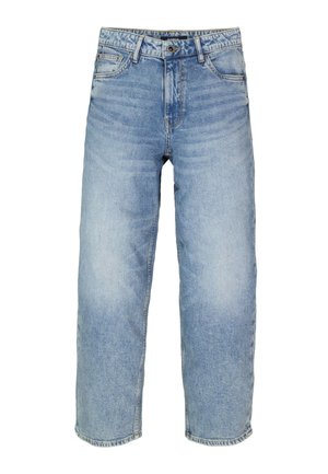 Light blue denim straight-leg jeans with front button and zipper, belt loops, and slight faded wash details.