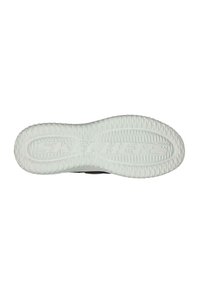 Witte rubberen schoenzool met textuur met cirkelvormige patronen, met in het midden het woord "SKECHERS" in reliëf en een contrasterende donkere rand.