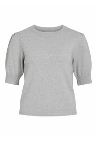 Grijs gebreid shirt met korte mouwen en een ronde halslijn van zachte stof. Bevat opstaande mouwen en geribbelde accenten bij de halslijn en de zoom.