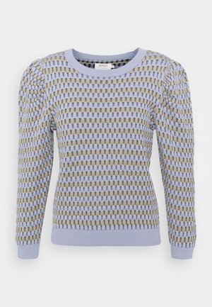 Langärmeliges Strickpullover mit gepufften Schultern, mit einem karierte Muster in Hellblau und Beige, mit gerippten Bündchen und Saum.