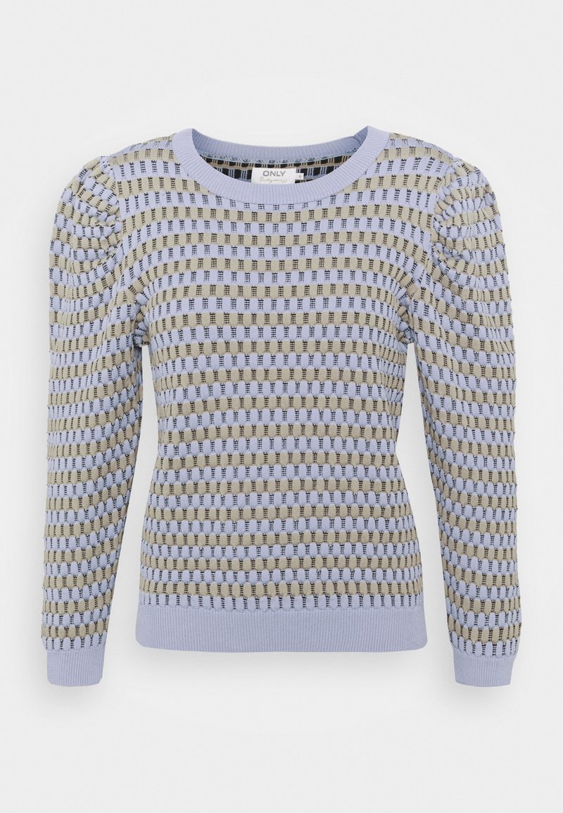 Pull en maille à manches longues avec épaules bouffantes, présentant un motif à carreaux en bleu clair et beige avec des poignets et un ourlet côtelés.