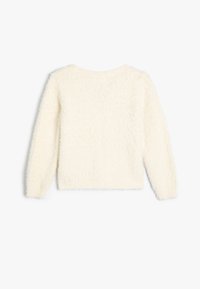 Maglione bianco fuzzy a maniche lunghe, con scollatura a girocollo e tessuto strutturato. Design semplice, aspetto morbido e leggero.