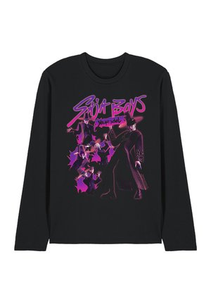 Black long-sleeve shirt with neon purple and pink graphic of stylized characters in dark suits and hats, with text "Saija Boys Your Idol."