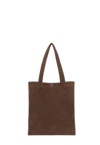 Borsa tote in camoscio marrone con due manici, texture morbida e chiusura a scatto nella parte superiore. Design semplice e privo di adornamenti, senza motivi visibili.