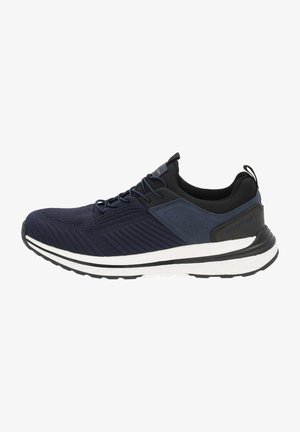 Navy blue athletic shoe with a textured mesh upper, contrasting black accents, cushioned sole, and a minimal design featuring subtle lines.