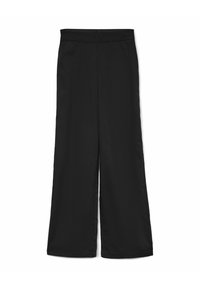 Pantalons noirs à jambes larges avec une texture lisse et brillante. Présente une taille haute et une coupe jusqu'à la cheville sans coutures ni poches visibles.